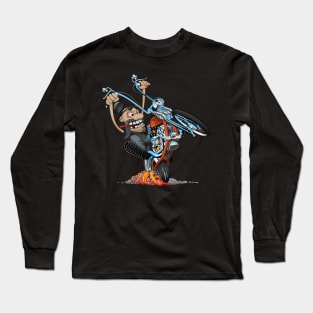 Funny biker riding a chopper, popping a wheelie motorcycle cartoon Long Sleeve T-Shirt